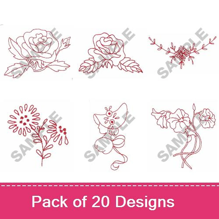 Redwork Floral Embroidery Designs Bundle – Rose Bouquet, Flower Stem, Floral Cluster & More (20 Designs)