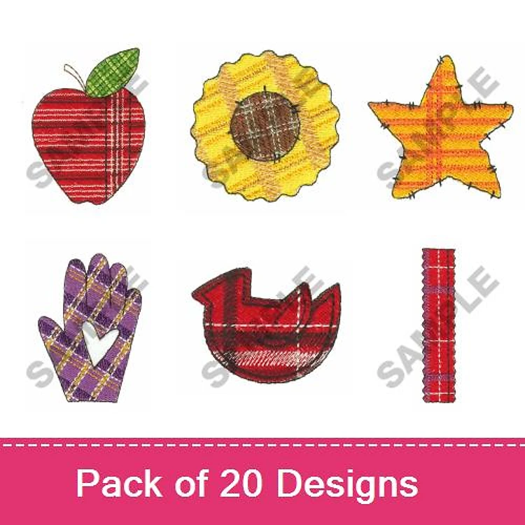 Applique Seasonal Shapes Embroidery Designs Bundle – Apple, Sunflower, Star, Glove with Heart & More (20 Designs)