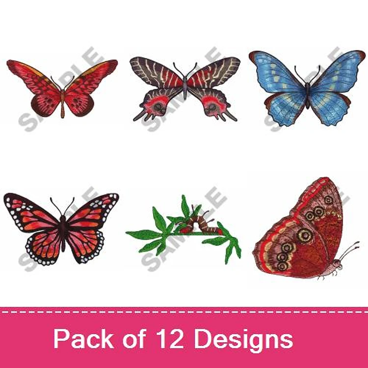 Butterfly Embroidery Designs Bundle – Red Butterfly, Peacock Butterfly, Blue Butterfly & More (12 Designs)