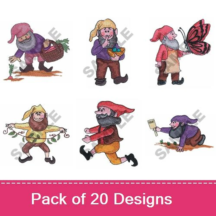 Gnome Characters Embroidery Designs Bundle – Gardening Gnome, Gnome with Basket, Gnome with Butterfly & More (20 Designs)