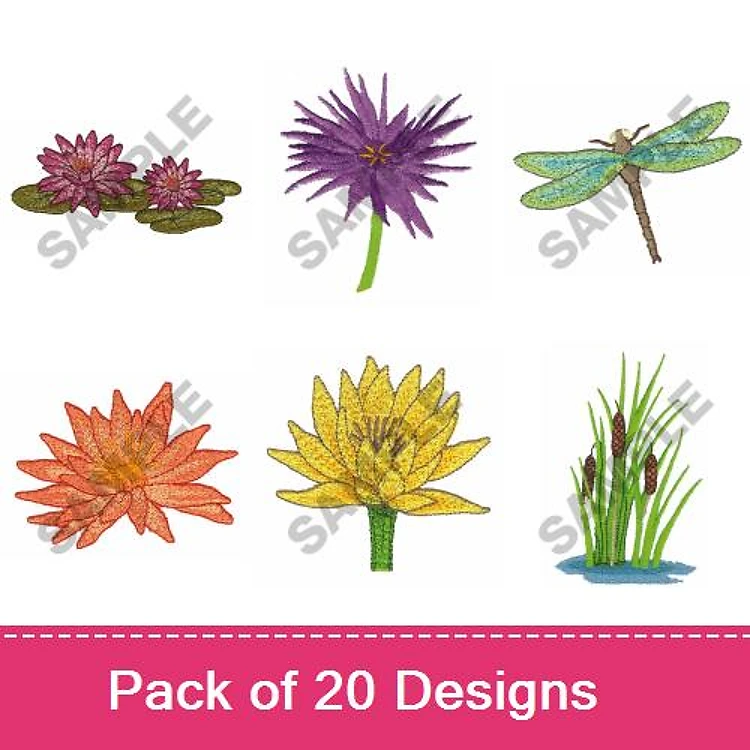 Water Lily & Dragonfly Embroidery Designs Bundle – Purple, Pink & Orange Water Lilies, Dragonfly & More (20 Designs)