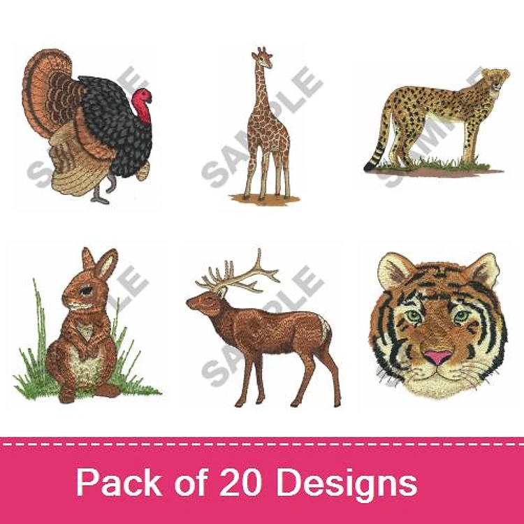 Wildlife Animal Embroidery Bundle – Turkey, Giraffe, Cheetah, Rabbit & More (20 Designs)
