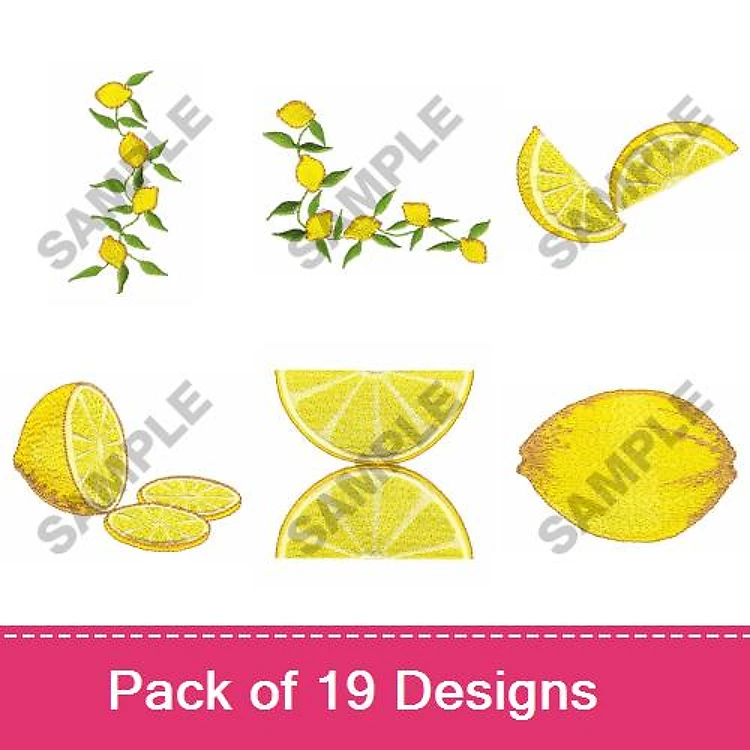 Lemon Embroidery Designs Bundle – Lemon Branch, Whole Lemon, Lemon Slice & More (19 Designs)