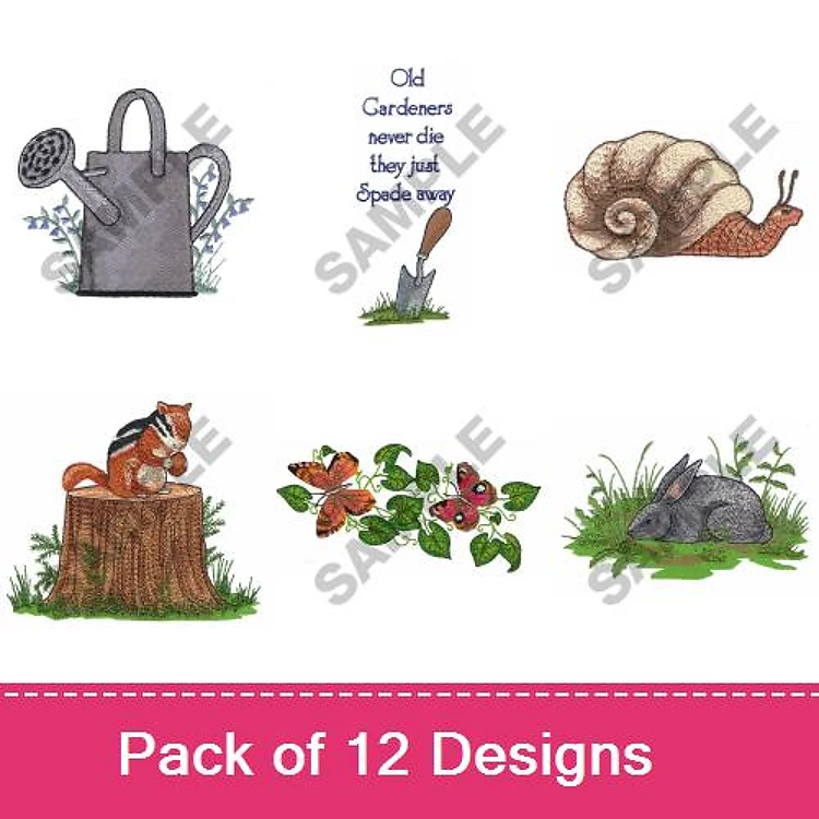 Gardening Scene Embroidery Designs Bundle – Watering Can, Snail, Squirrel on Stump & More (12 Designs)
