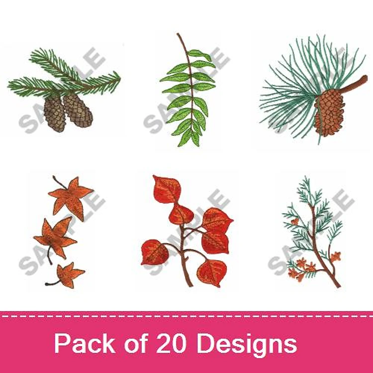 Botanical Elements Embroidery Designs Bundle – Pinecones, Maple Leaves, Fern Leaf & More (20 Designs)
