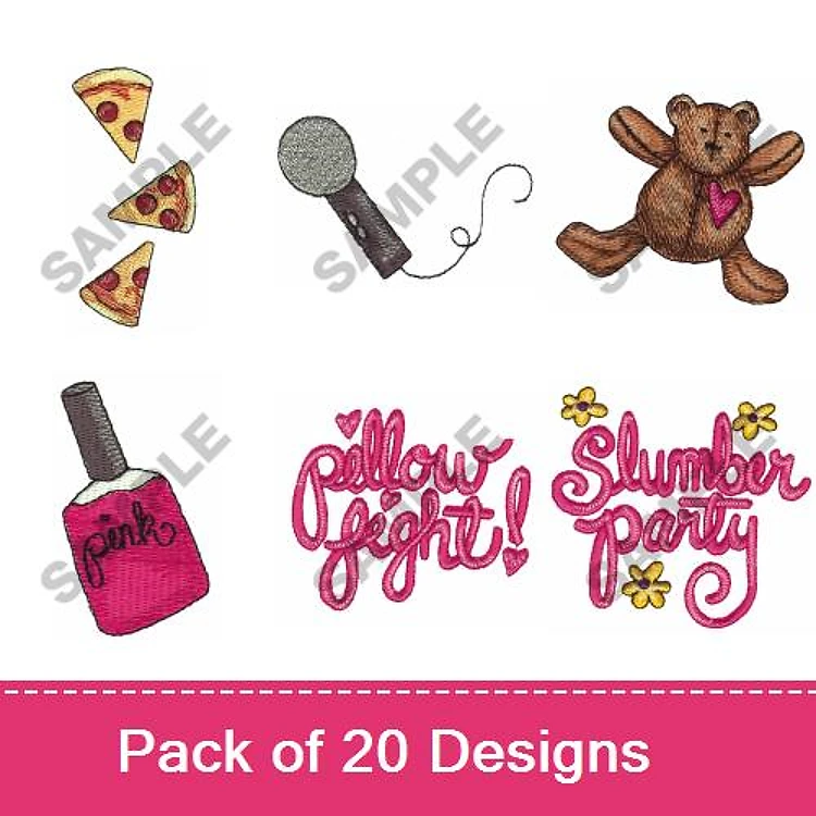 Slumber Party Embroidery Designs Bundle – Teddy Bear, Pizza Slice, Microphone & More (20 Designs)