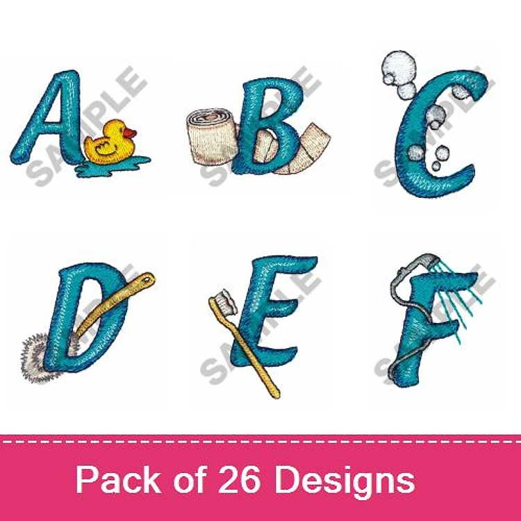 Alphabet Letters Embroidery Designs Bundle – A with Duck, B with Roll of Paper, C with Bubbles & More (26 Designs)