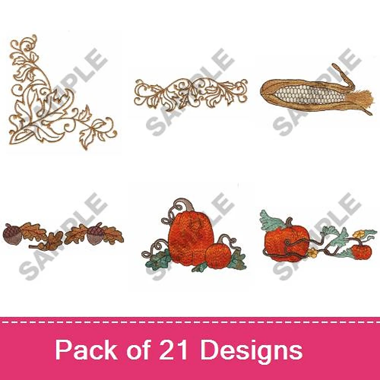 Harvest Theme Embroidery Designs Bundle – Pumpkins, Acorns, Corn & More (21 Designs)