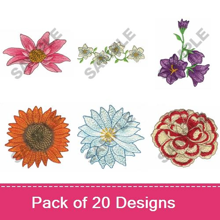Floral Embroidery Designs Bundle – Pink Water Lily, Orange Sunflower, Red Peony & More (20 Designs)