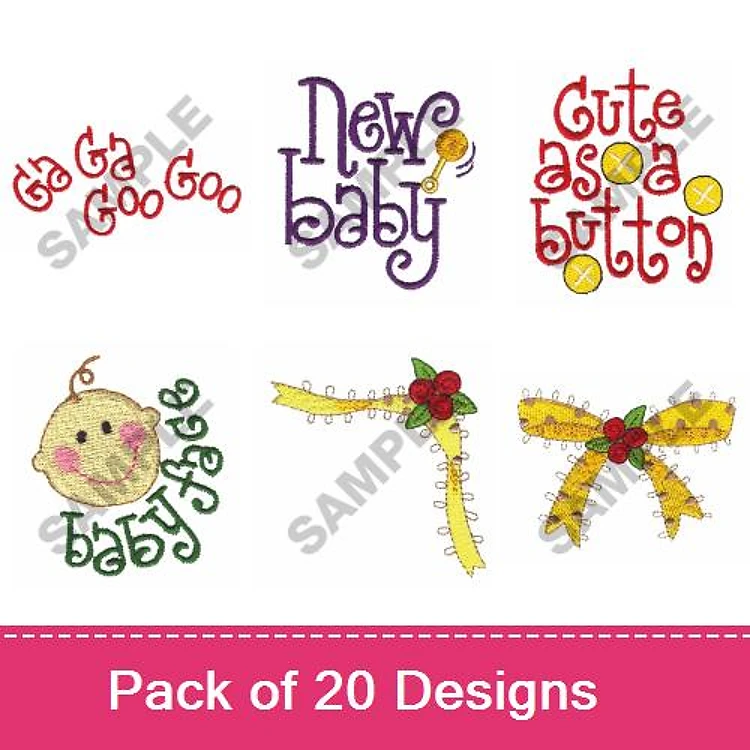 Baby-Themed Embroidery Designs Bundle – Ga Ga Goo Goo, New Baby, Floral Bow & More (20 Designs)