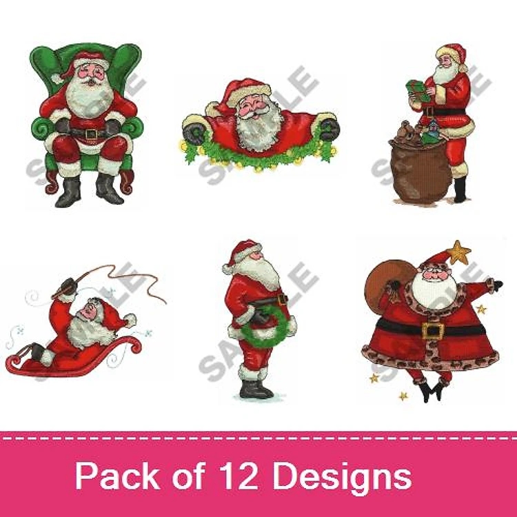Santa Claus Embroidery Designs Bundle – Santa with Wreath, Santa Sitting in Chair, Santa with Sack of Gifts & More (12 Designs)