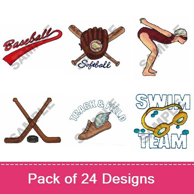 Sports-Themed Embroidery Bundle – Baseball, Softball, Swimmer & More (24 Designs)