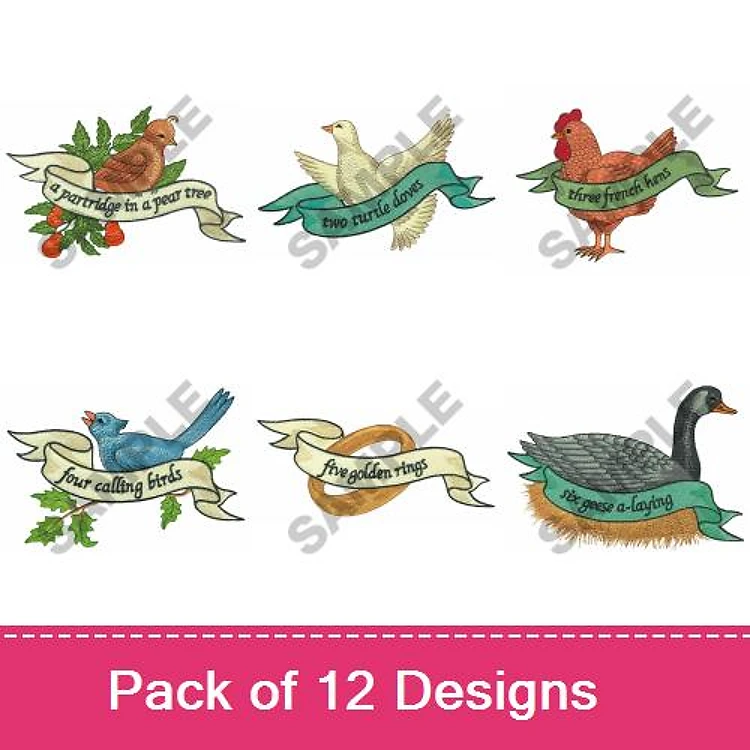 Birds with Banners Embroidery Designs Bundle – Chickadee, Dove, Hen, Bluebird & More (12 Designs)