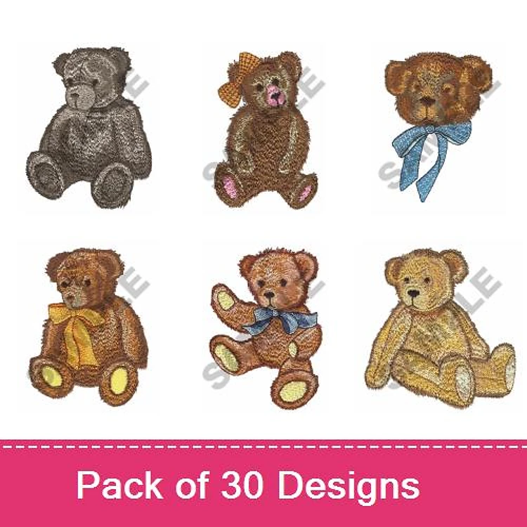 Teddy Bear Embroidery Bundle – Brown Teddy Bear with Bow, Gray Teddy Bear, Sitting Teddy Bear & More (30 Designs)