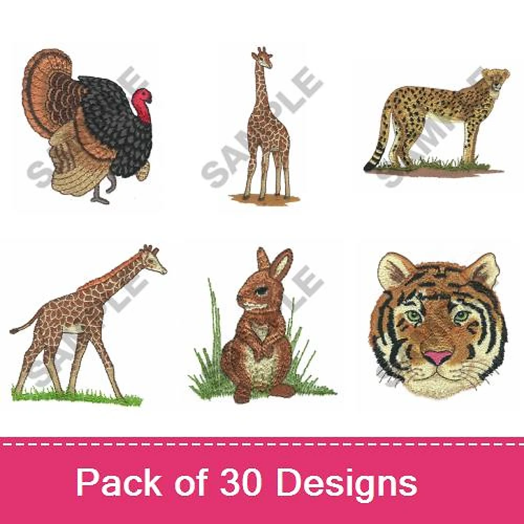 Wild Animals Embroidery Designs Bundle – Turkey, Giraffe, Cheetah, Rabbit & More (30 Designs)