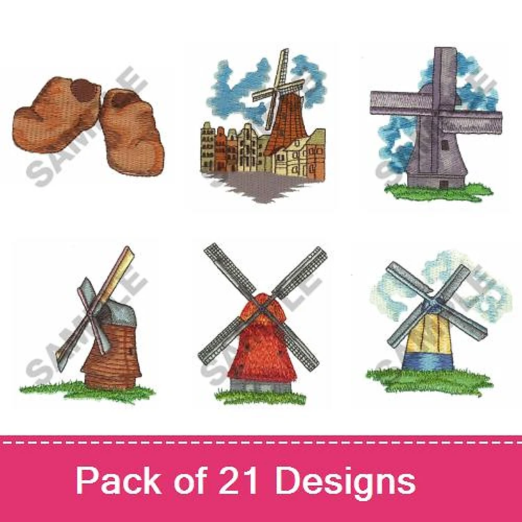 Windmill & Dutch Scenery Embroidery Designs Bundle – Windmill with Blue Sky, Traditional Dutch Windmill, Brown Shoes & More (21 Designs)
