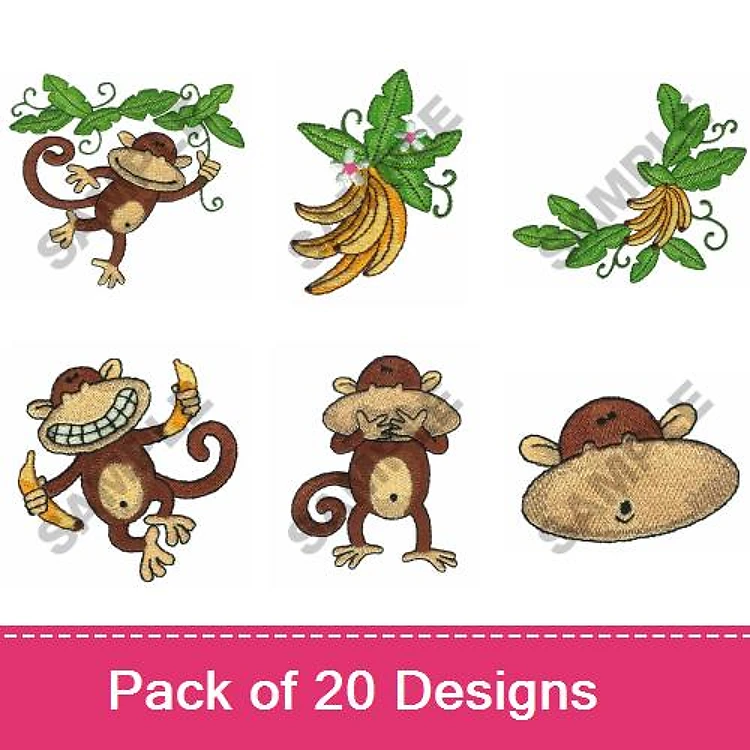 Standard Monkey Embroidery Designs Bundle – Monkey with Banana, Monkey Hanging from Leaves, Monkey Grinning & More (20 Designs)