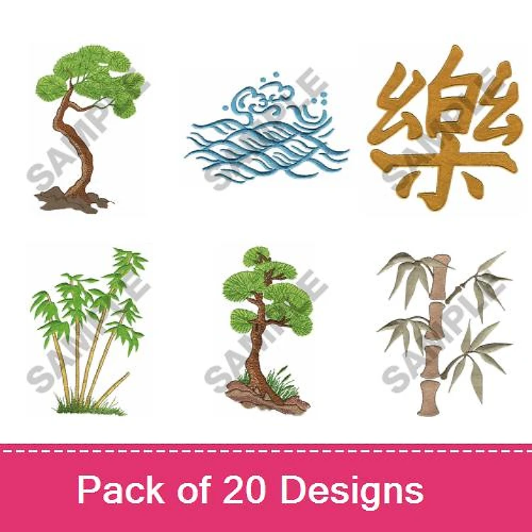 Asian-Themed Embroidery Designs Bundle – Pine Tree, Bamboo, Chinese Character for Happiness & More (20 Designs)
