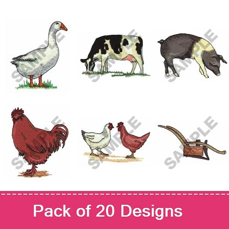 Farm Animal Embroidery Bundle – Goose, Cow, Pig, Rooster & More (20 Designs)