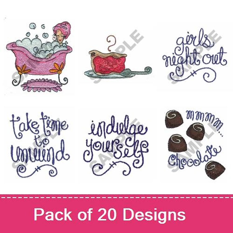 Spa and Relaxation Embroidery Designs Bundle – Bathtub with Bubbles, Red Slipper, Girls Night Out & More (20 Designs)