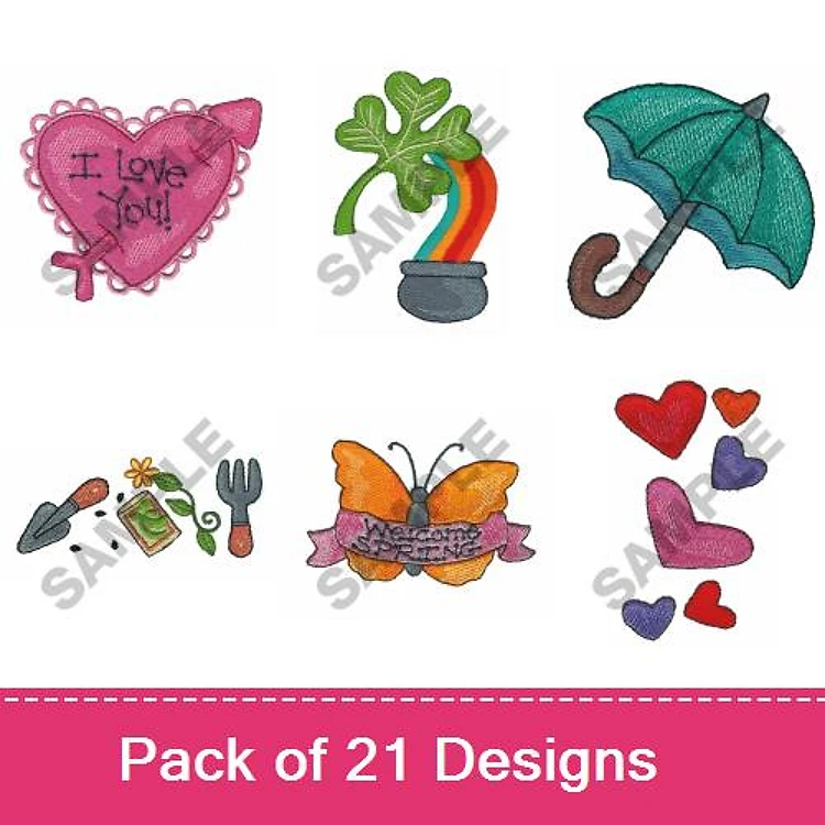 Seasonal Embroidery Designs Bundle – Heart with Message, Four Leaf Clover, Rainbow with Pot of Gold & More (21 Designs)