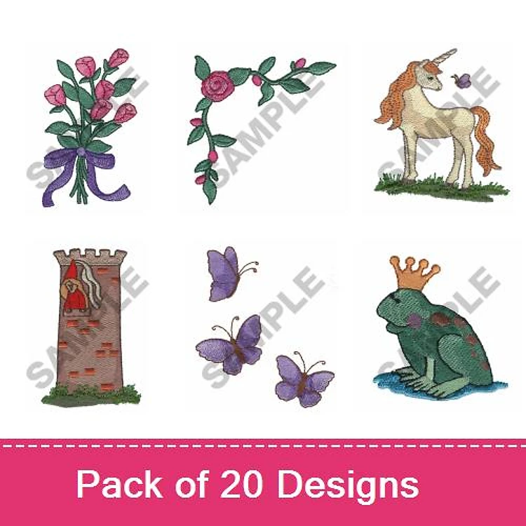 Fantasy & Floral Elements Embroidery Designs Bundle – Flower Bouquet, Unicorn, King Frog & More (20 Designs)