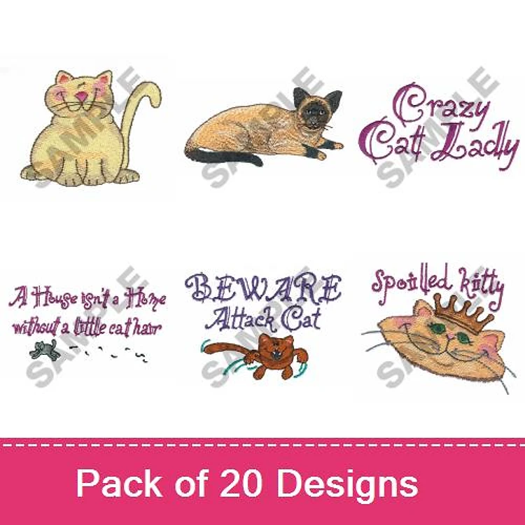 Cat-themed Embroidery Designs Bundle – Crazy Cat Lady, BEWARE Attack Cat, Siamese Cat & More (20 Designs)