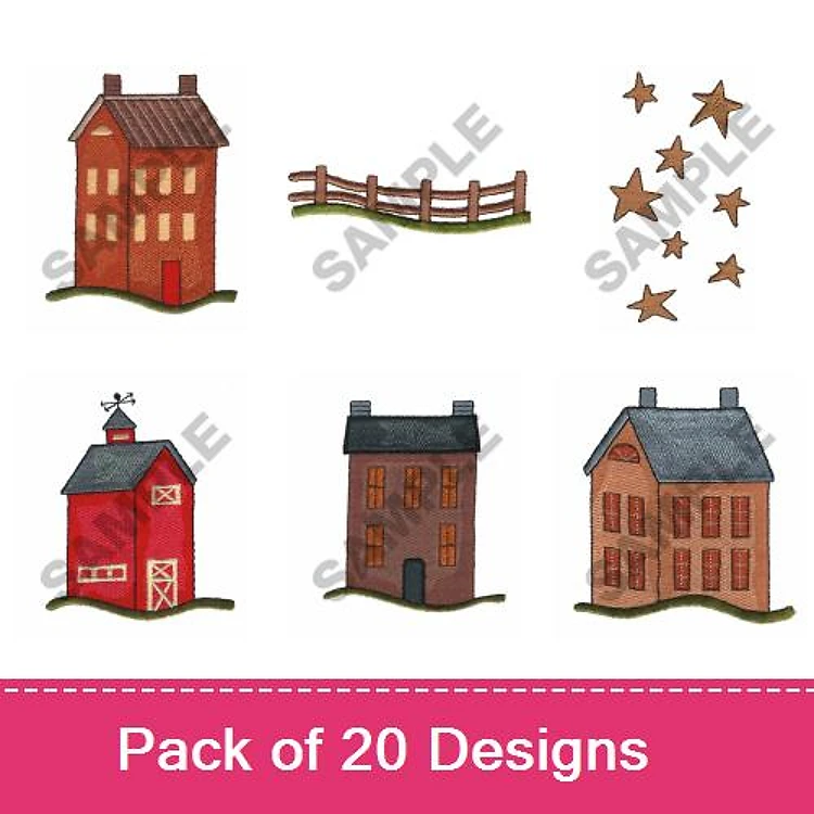 Quaint Houses Embroidery Designs Bundle – Red House, Brown House, Farm Fence & More (20 Designs)