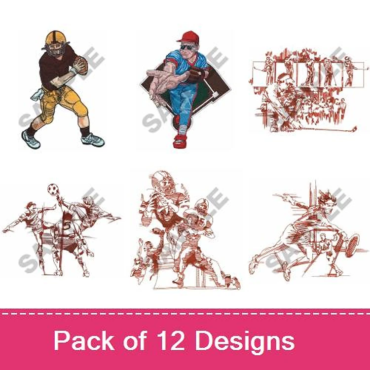 Redwork Sport-themed Embroidery Designs Bundle – Baseball Player, Basketball Player, Football Player & More (12 Designs)