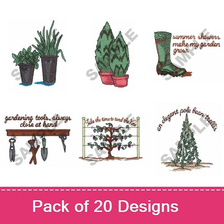 Gardening Embroidery Designs Bundle – Potted Succulents, Garden Boots, Gardening Tools & More (20 Designs)