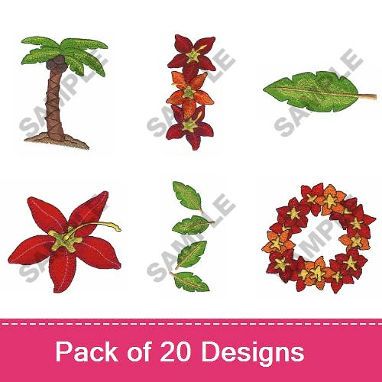 Poinsettia & Palm Tree Embroidery Designs Bundle – Poinsettia Flower, Palm Tree, Holly Wreath & More (20 Designs)