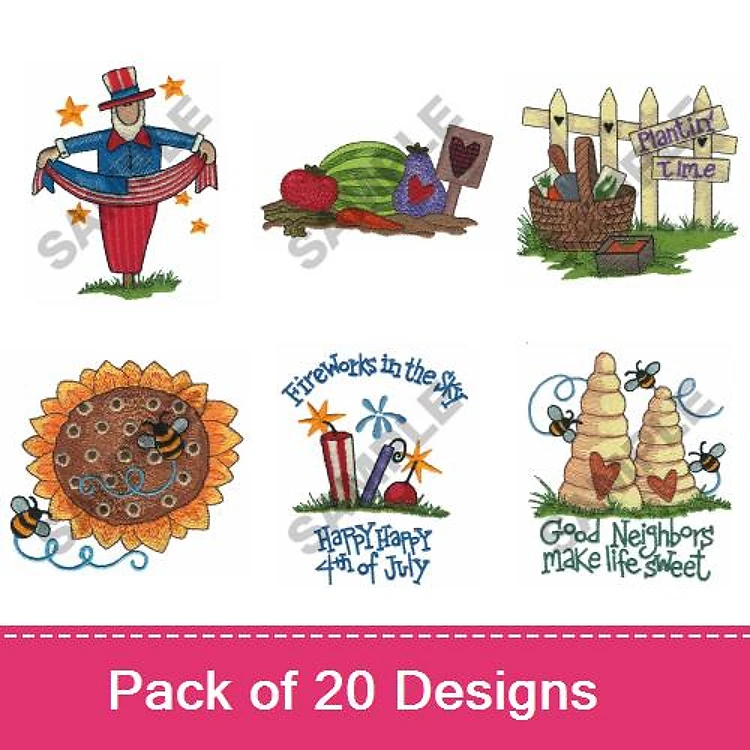 Patriotic Celebrations Embroidery Designs Bundle – Independence Day Scarecrow, Fireworks, Watermelon & More (20 Designs)