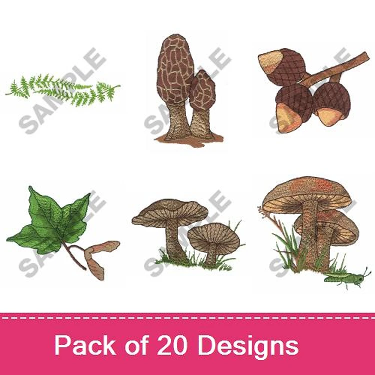 Mushrooms & Leaves Embroidery Designs Bundle – Morel Mushrooms, Chanterelle Mushrooms, Fern & More (20 Designs)