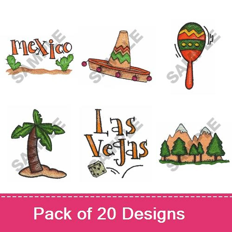 Mexican & Las Vegas Fun Embroidery Designs Bundle – Mexico Text, Sombrero, Las Vegas Text & More (20 Designs)