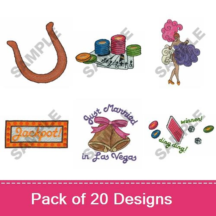 Las Vegas Themed Embroidery Designs Bundle – Horseshoe, Showgirl, Jackpot Sign & More (20 Designs)