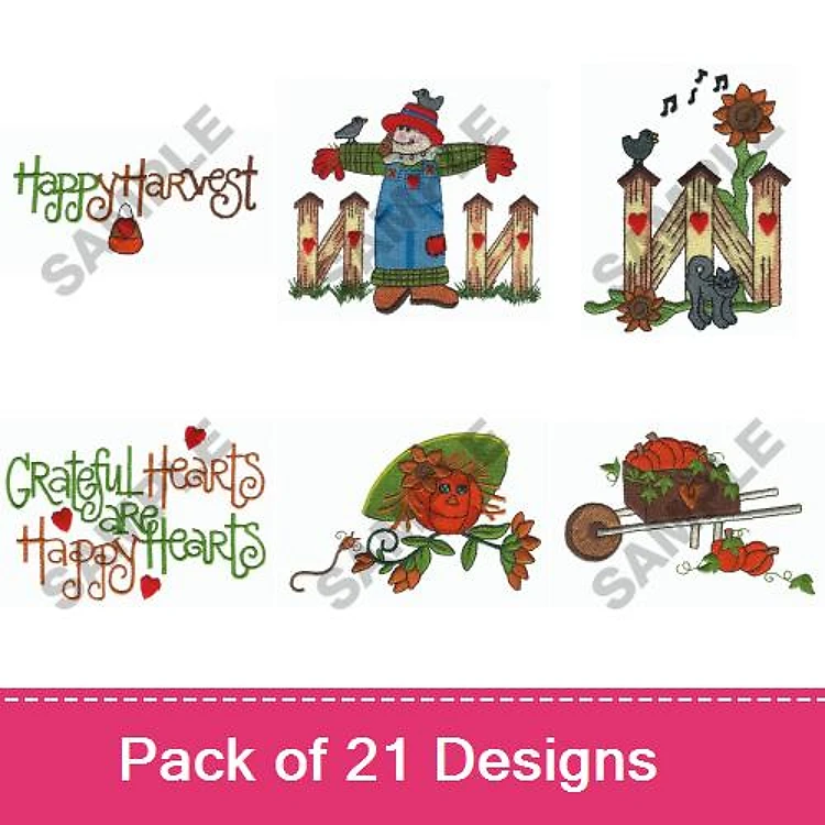 Harvest & Fall Embroidery Designs Bundle – Happy Harvest Scarecrow, Fenced Vegetable Garden, Grateful Hearts & More (21 Designs)