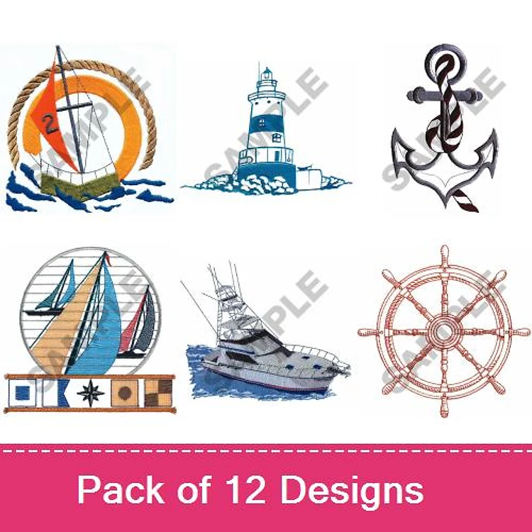 Nautical Embroidery Designs Bundle – Sailboat, Lighthouse, Anchor & More (12 Designs)