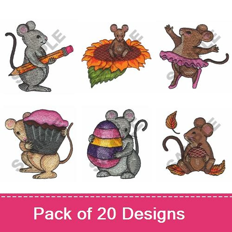 Mouse Characters Embroidery Designs Bundle – Mouse with Pencil, Dancing Mouse, Mouse in Flower & More (20 Designs)