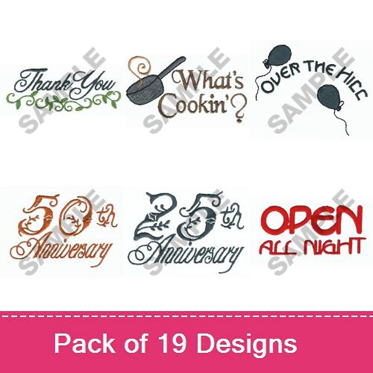 Celebratory Phrases Embroidery Designs Bundle – Thank You, Over the Hill, 50th Anniversary & More (19 Designs)