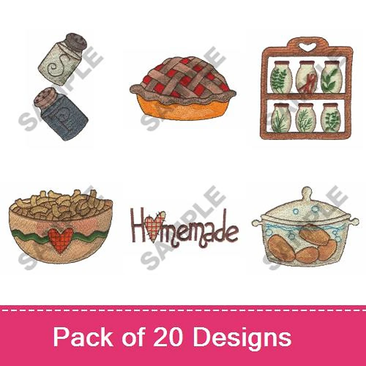 Homemade Goods Embroidery Designs Bundle – Apple Pie, Jam Jar, Herb Rack & More (20 Designs)