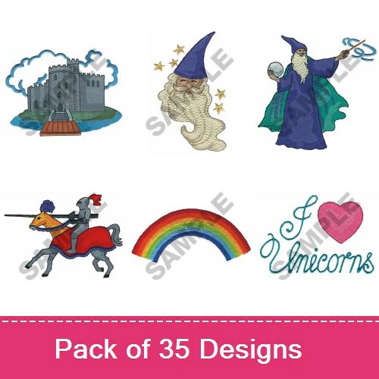 Fantasy & Whimsy Embroidery Designs Bundle – Castle, Wizards, Knight on Horse & More (35 Designs)
