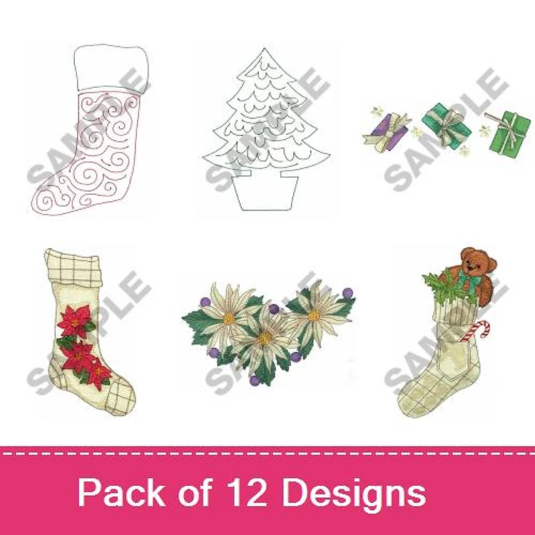 Christmas Stocking Embroidery Designs Bundle – Stocking with Swirls, Tree, Gift Box & More (12 Designs)