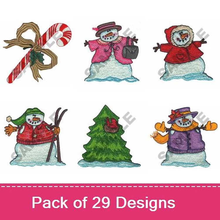 Snowman Embroidery Designs Bundle – Snowman with Candy Cane, Snowman in Pink Coat, Snowman Carrying Bag & More (29 Designs)