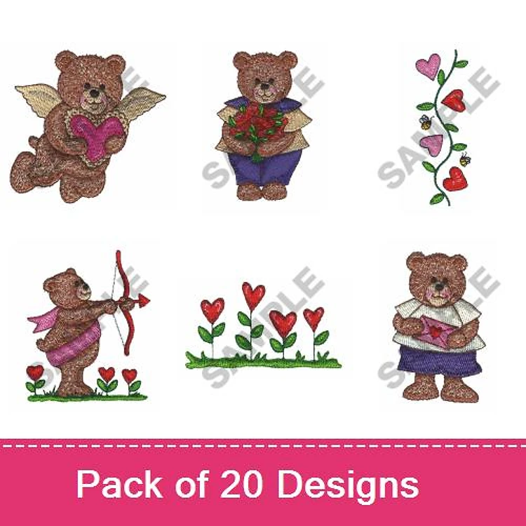 Valentine's Day Bears Embroidery Designs Bundle – Cupid Bear, Bear with Flowers, Bear Holding Heart & More (20 Designs)
