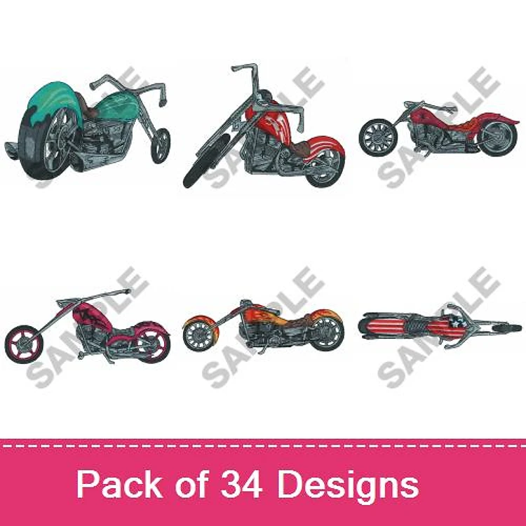 Motorcycle Embroidery Designs Bundle – Chopper, Cruiser, Sportbike & More (34 Designs)