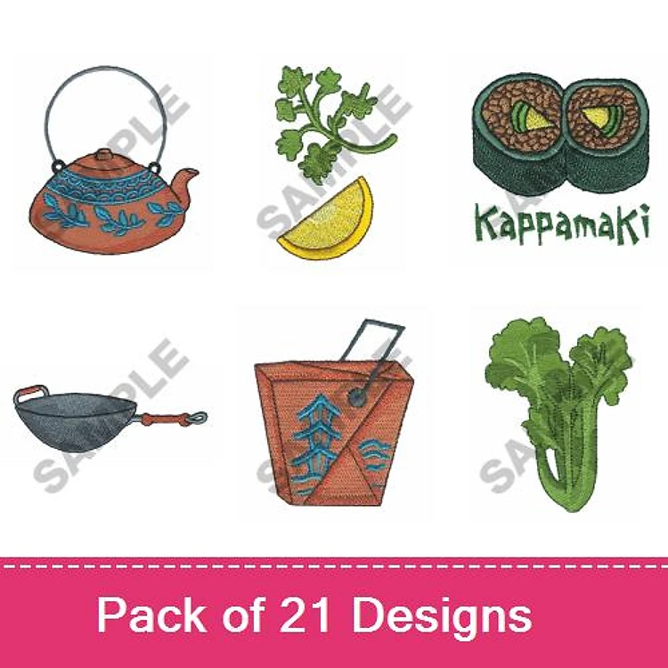 Cooking & Food Items Embroidery Designs Bundle – Teapot, Kappamaki, Takeout Box, & More (21 Designs)
