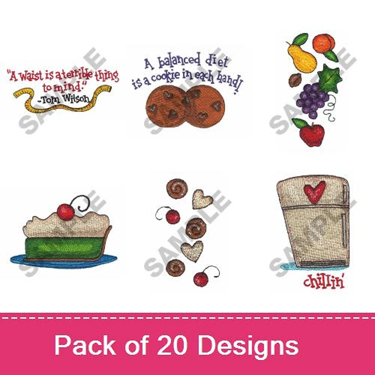 Food and Desserts Embroidery Designs Bundle – Cookie Quote, Balanced Diet Cookie, Cake with Cherries & More (20 Designs)