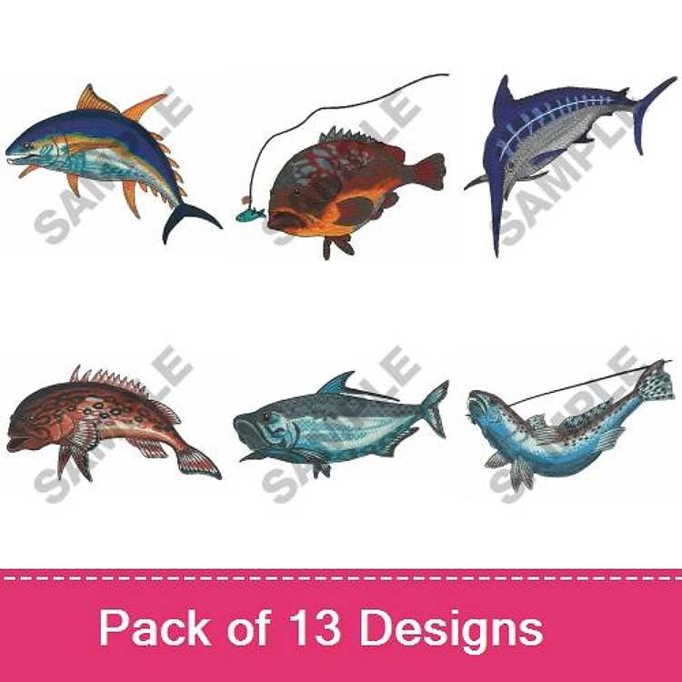 Fish Embroidery Designs Bundle – Marlin, Tuna, Snapper, Grouper & More (13 Designs)
