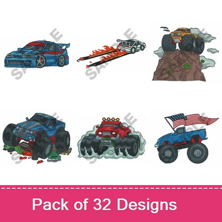 Vehicles & Monster Trucks Embroidery Designs Bundle – Race Car, Monster Truck with Flames, Rocky Mountain Monster Truck & More (32 Designs)