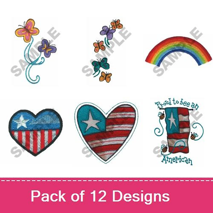 Celebratory American Themes Embroidery Designs Bundle – Butterfly Cluster, Patriotic Heart, Star-Spangled Heart & More (12 Designs)